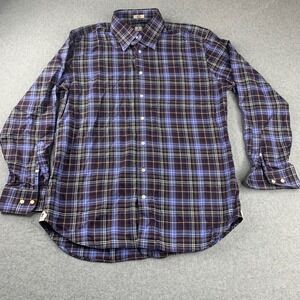 Peter Millar Mens Large Blue Brown Plaid Cotton Long Sleeve Button Down‎ Shirt